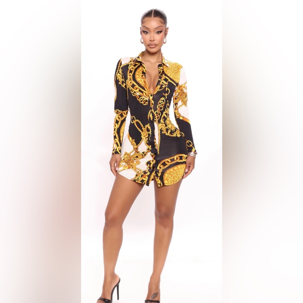 Fashion Nova Black and Gold Chain-Print Button Mini Dress